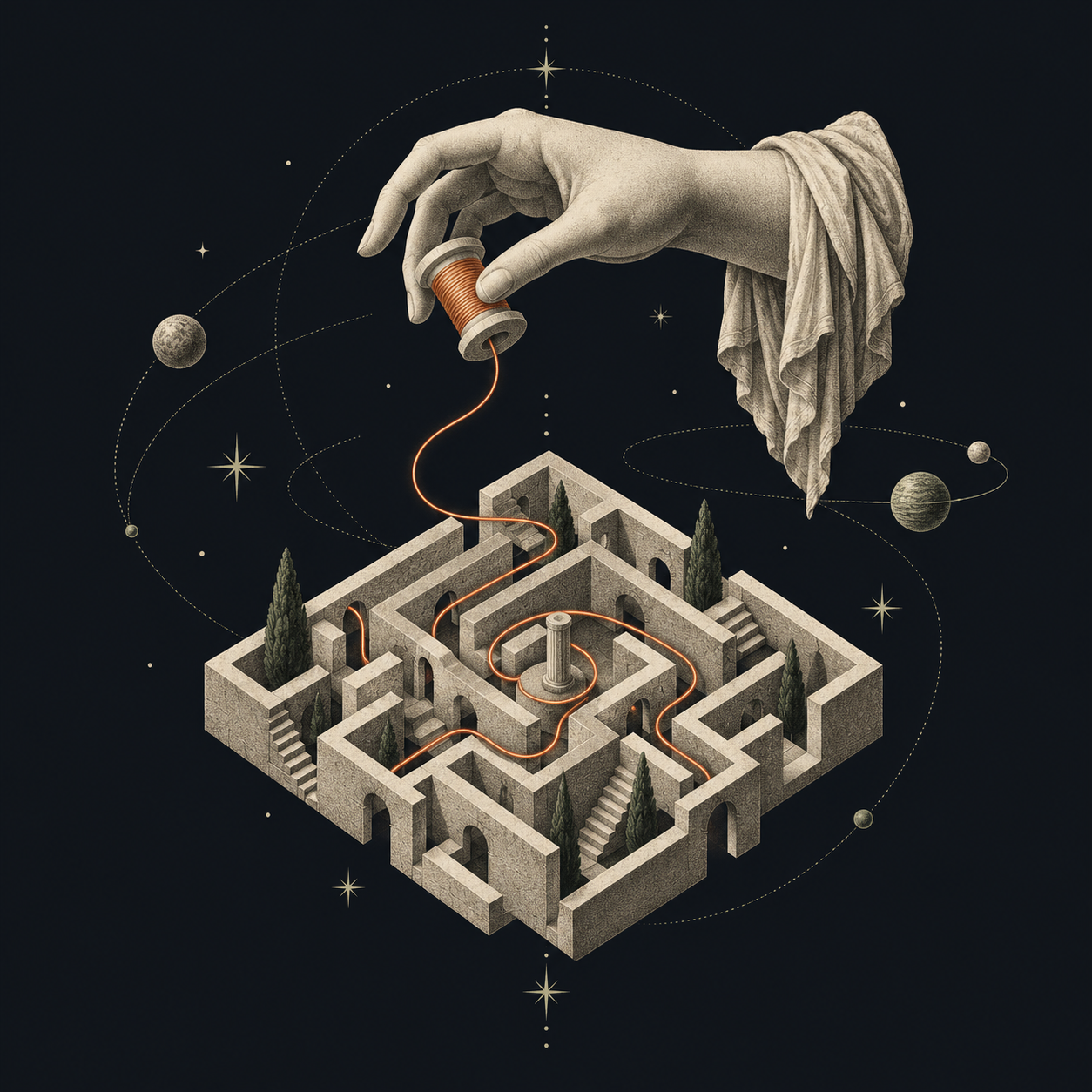 Ariadne’s copper thread winding through a stone labyrinth.